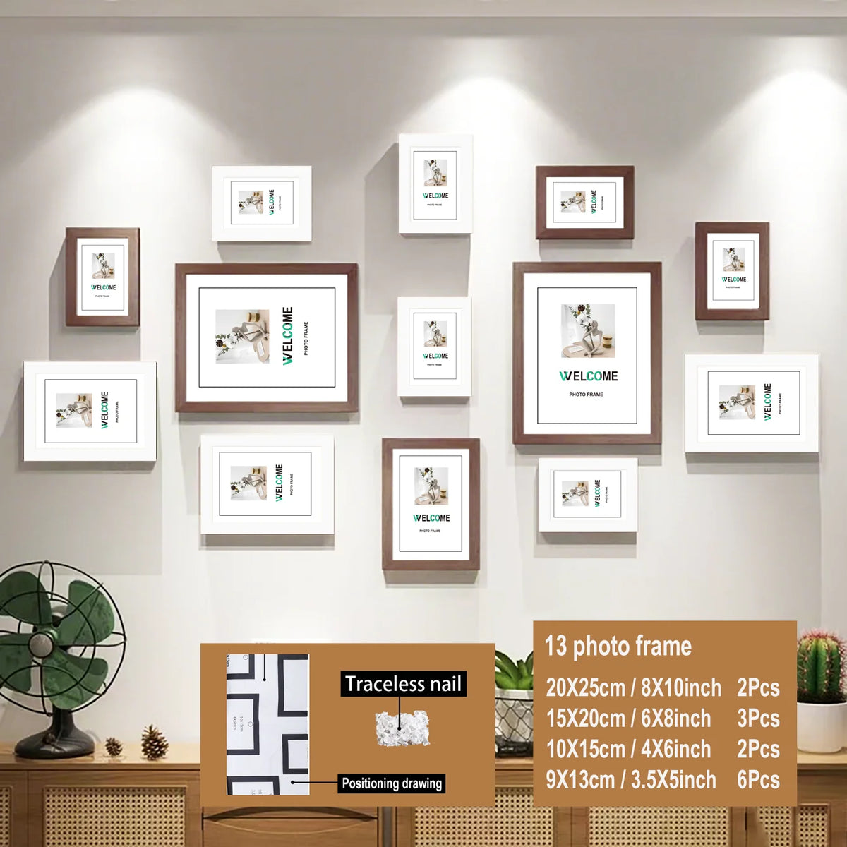 A set of thirteen wooden picture frames with various sizes and orientations displayed on a light gray wall.