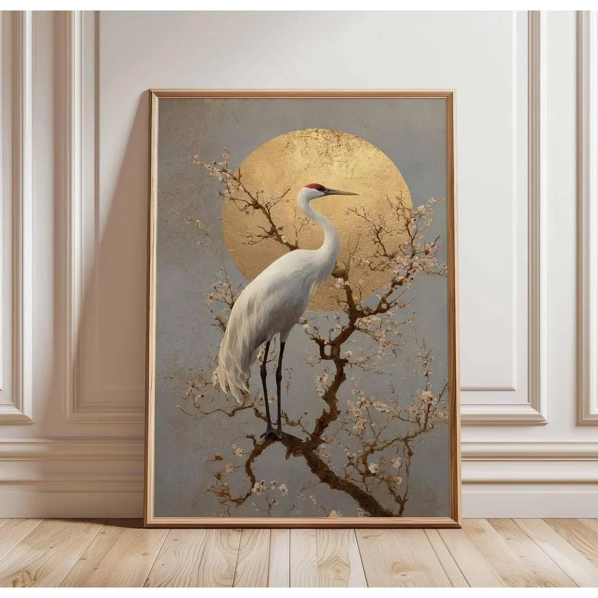 Vintage Japandi Tiger Cat canvas wall art featuring a white crane silhouette against a golden sun and branches.