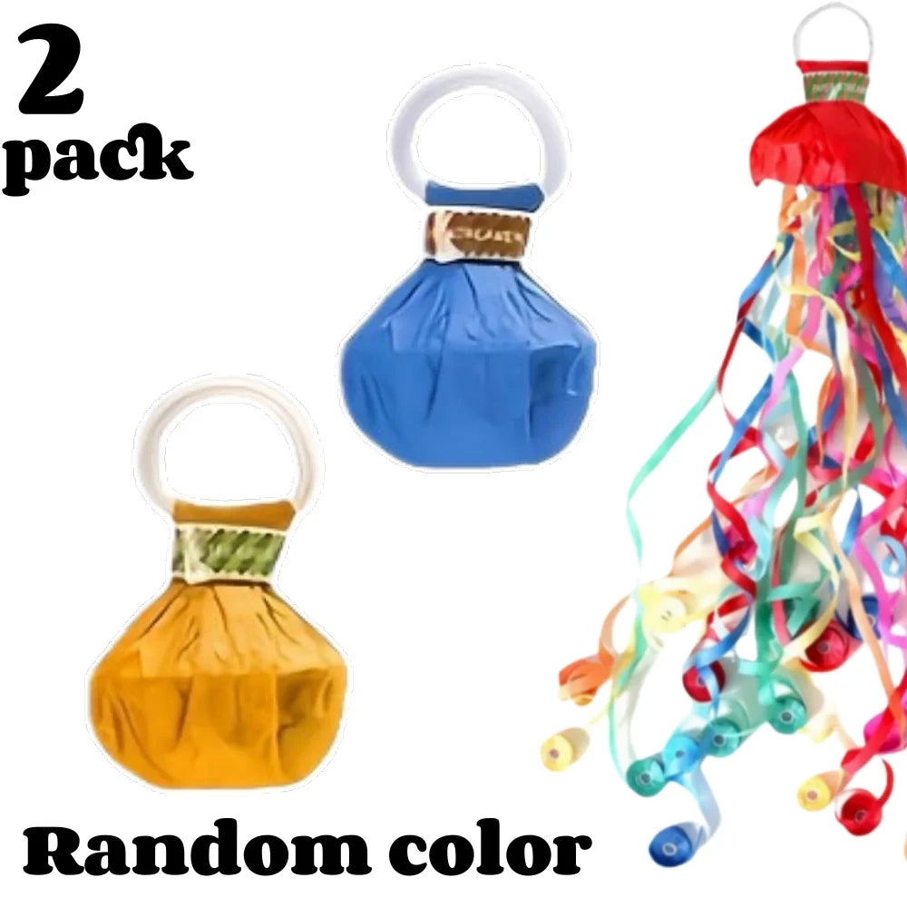 Ein Set aus zwei handgefertigten Konfetti-Streifern in Blau und Gelb.