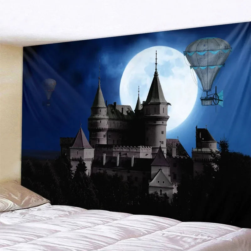 A dark fantasy castle silhouette against a bright full moon and a hot air balloon on a blue night sky tapestry.