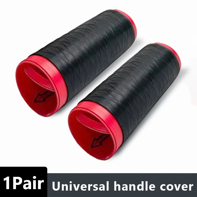 A pair of black and red universal silicone handlebar grip covers rolled up.