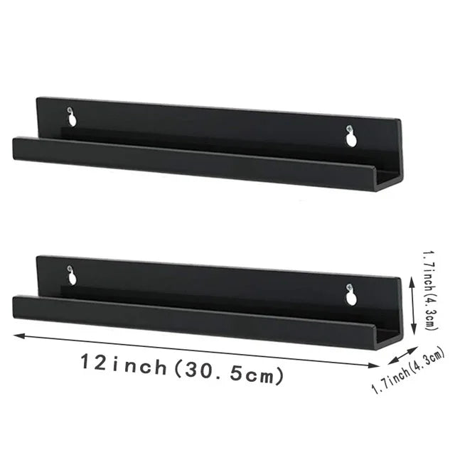Black acrylic vinyl record display shelf with hanging hooks and measurements