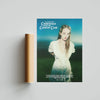A rolled canvas print titled Chemtrails Over the Country Club featuring a woman with long hair in a white dress against a gre