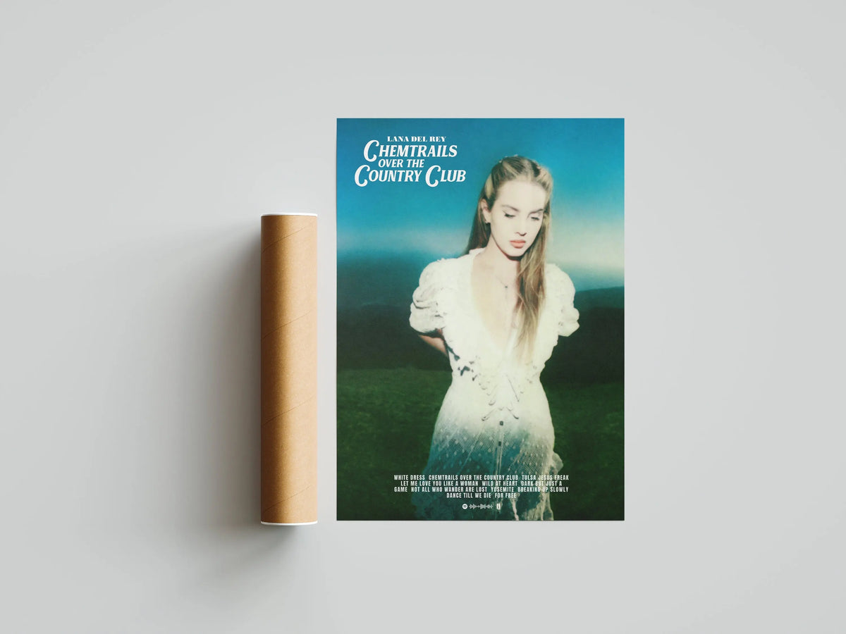A rolled canvas print titled Chemtrails Over the Country Club featuring a woman with long hair in a white dress against a gre