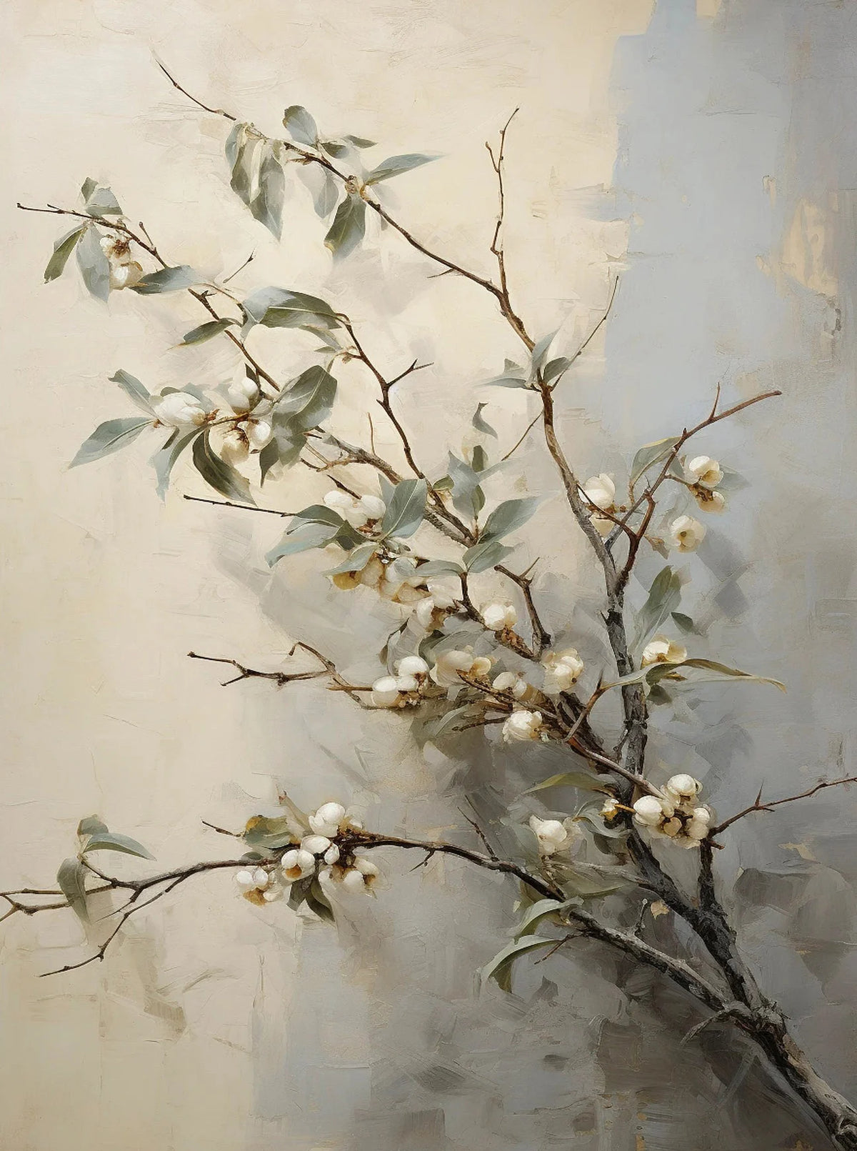 A painting of a bare branch with small white blossoms against a muted gray background.
