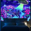 A vibrant tapestry featuring an alien astronaut amidst glowing purple and neon psychedelic flora against a dark night sky.