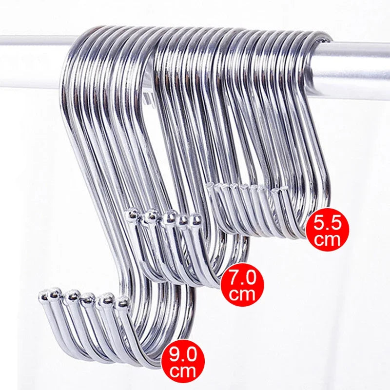 A set of ten S-shape stainless steel hanging hooks displayed on a white rod with various length measurements.