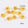 Ten yellow resin duck figurines used for crafts and decor, measuring 1.5cm or 0.59in each.
