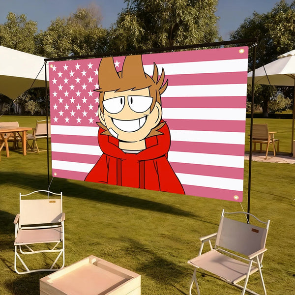 A large banner featuring a stylized anime character design on a patriotic American flag background displayed outdoors.