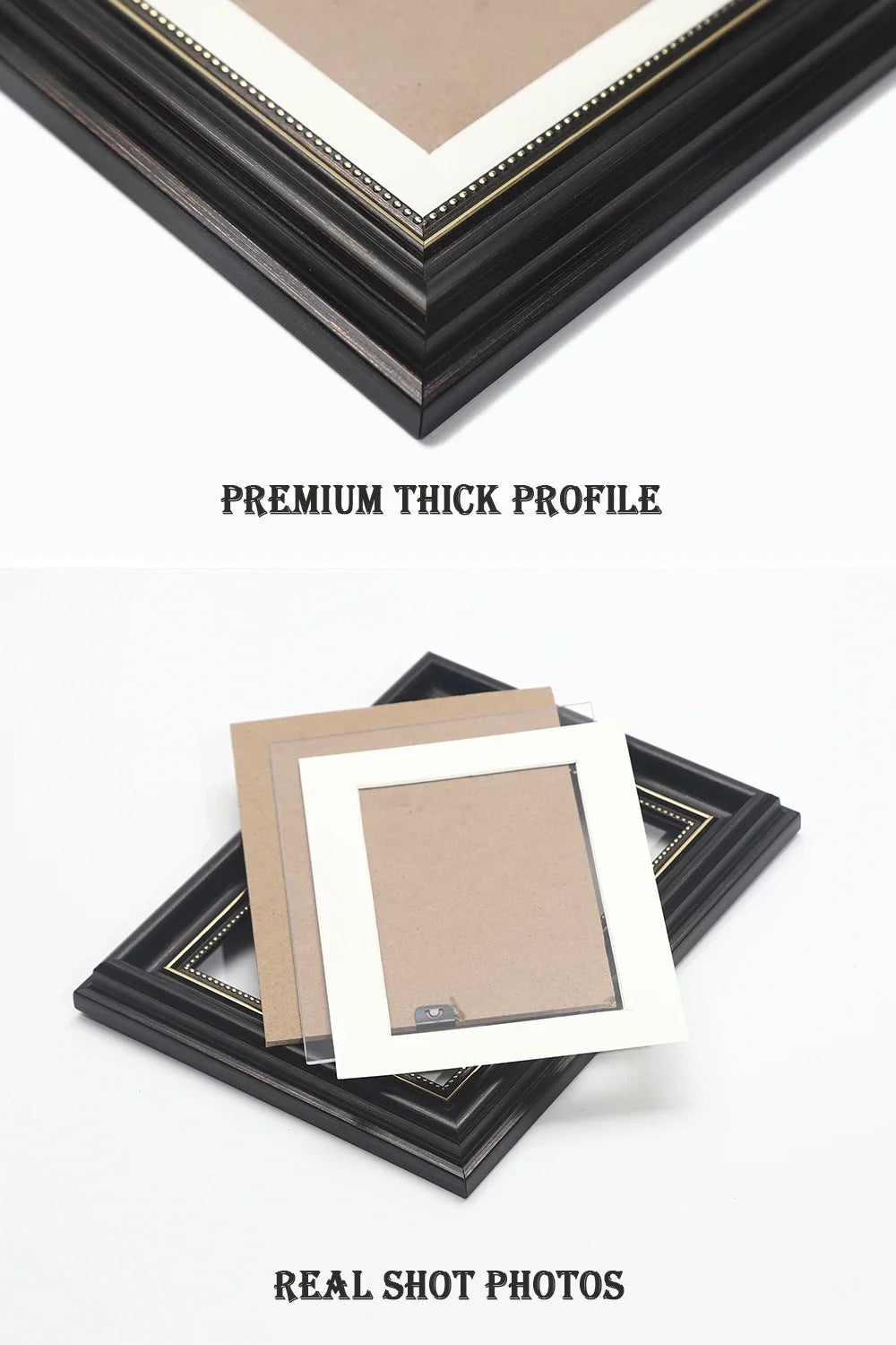 A premium thick profile dark wood photo frame with antique gold trim shown in a close-up view.