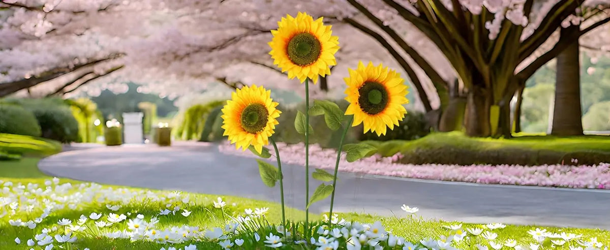 A yellow sunflower in bloom stands in a garden setting with pink blossoms and green foliage.
