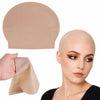 A model is shown wearing a realistic latex bald cap, with a separate piece of the tan cap visible.