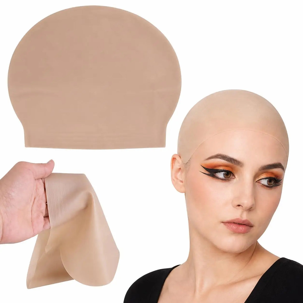 A model is shown wearing a realistic latex bald cap, with a separate piece of the tan cap visible.