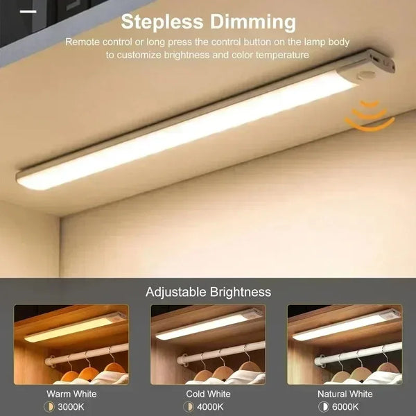 Adjustable brightness lighting options including Warm White, Cold White, and Natural White light panels.