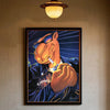 A vintage poster featuring a stylized orange camel wearing sunglasses and holding a cigarette, displayed on a wall.