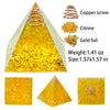 A pyramid-shaped gold foil crystal for Reiki and meditation, measuring 1.57x1.57 inches.