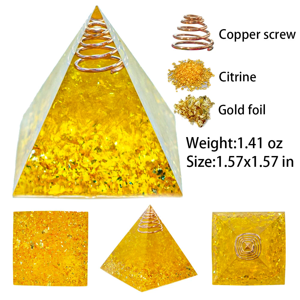 A pyramid-shaped gold foil crystal for Reiki and meditation, measuring 1.57x1.57 inches.