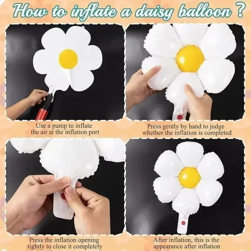 Instructions showing how to inflate a white daisy balloon using a pump and hand pressure.