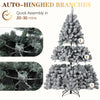 A flocked artificial Christmas tree shown in three stages of assembly, demonstrating quick assembly in 20-30 minutes.