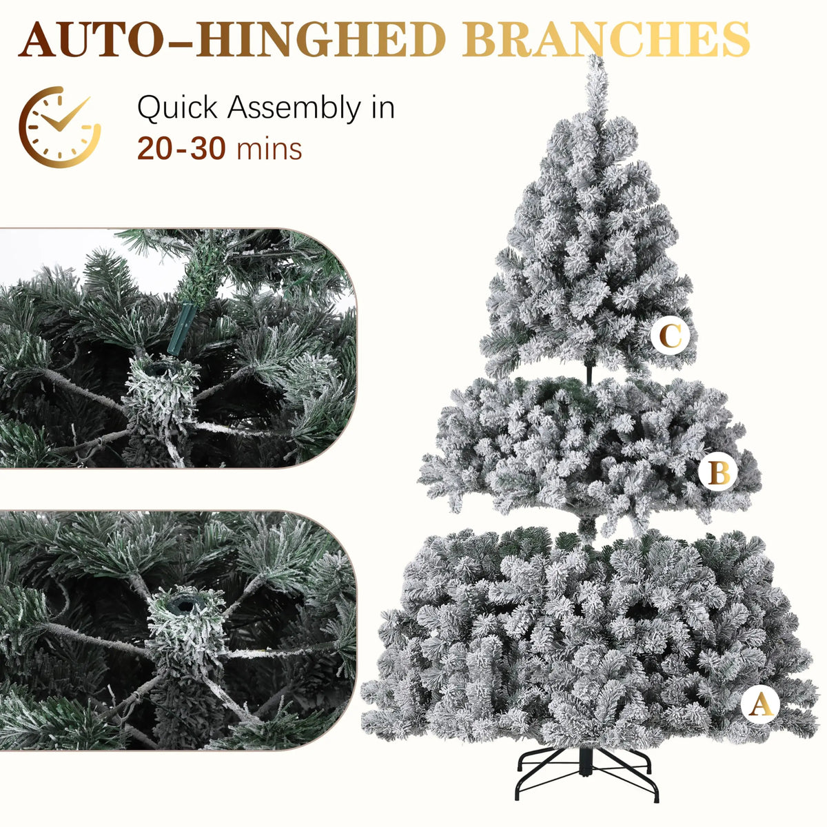 A flocked artificial Christmas tree shown in three stages of assembly, demonstrating quick assembly in 20-30 minutes.