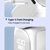 A white portable rechargeable mini handheld fan showing a digital display and a Type-C charging port.