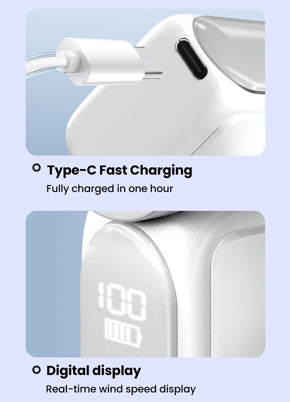 A white portable rechargeable mini handheld fan showing a digital display and a Type-C charging port.