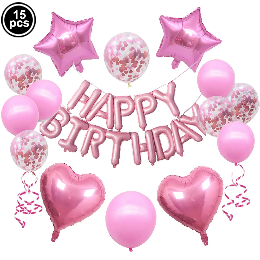 A set of pink and blue foil letter balloons for a birthday party decoration.
