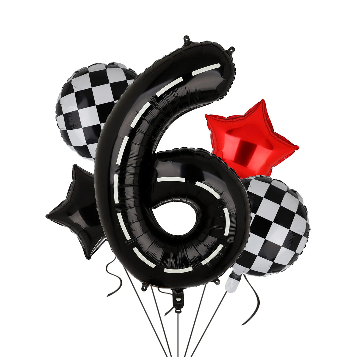 Black foil number six balloon with checkered pattern and a red star balloon