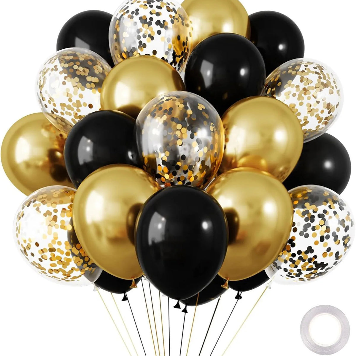 A cluster of chrome latex balloons in gold, silver, and black colors.