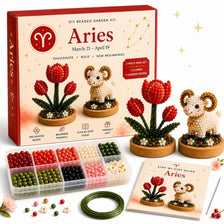 A box set of Aries DIY beaded garden kit featuring a small stuffed animal flower arrangement and instructions.