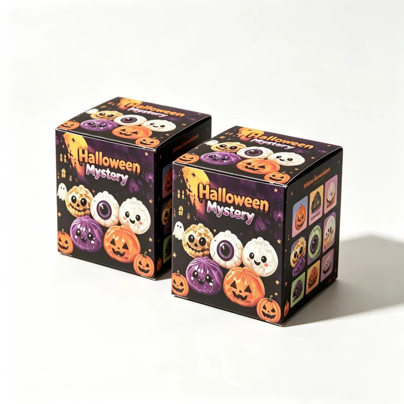 A box of Halloween Mystery sensory squishy blind box stress relief toys featuring various pumpkin and ghost-themed items.