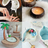 A collection of natural coconut wax candles and DIY aromatherapy supplies including candle holders and decorative elements.