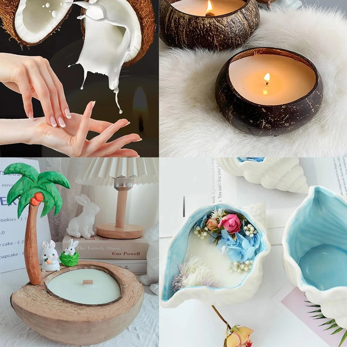 A collection of natural coconut wax candles and DIY aromatherapy supplies including candle holders and decorative elements.