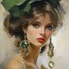 A portrait of a woman wearing a large green hat and elaborate gold earrings, painted in a soft, impressionistic style.