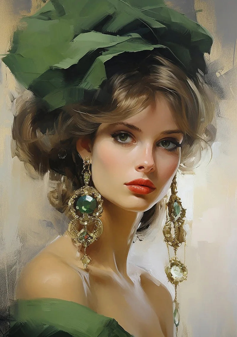 A portrait of a woman wearing a large green hat and elaborate gold earrings, painted in a soft, impressionistic style.