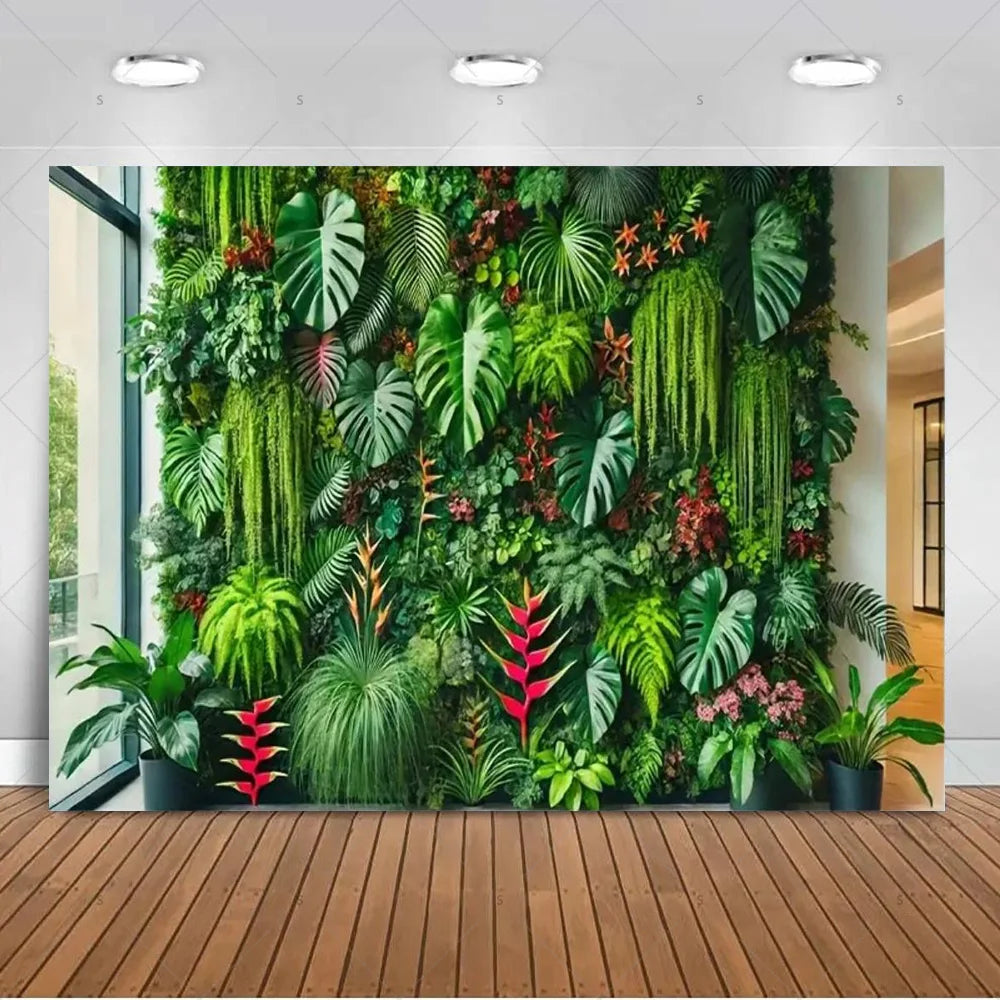 A lush green tropical palm leaf backdrop featuring various ferns and foliage for party decor.