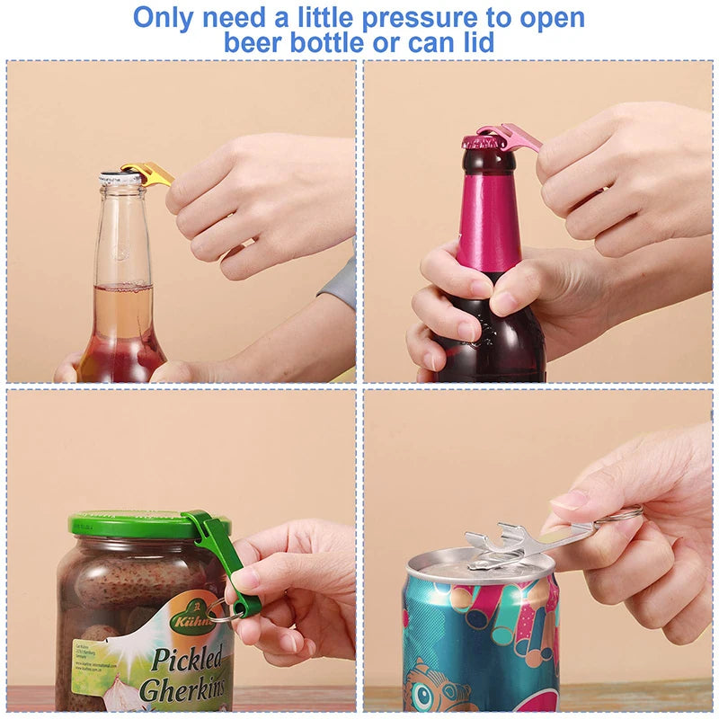 A set of aluminum bottle openers and a jar of pickled gherkins shown for opening beer bottles and cans.