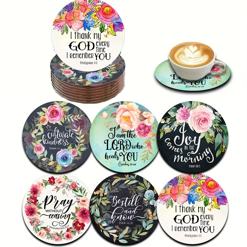 Set aus sechs Holz-Gottesstift-Untersetzern mit Bibelversen und floralen Designs