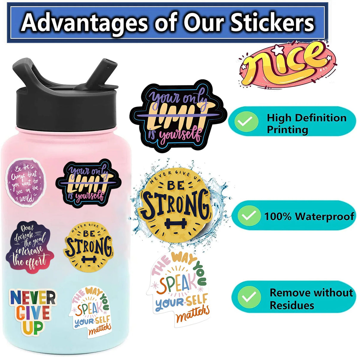 A set of inspirational quote stickers featuring text like Your Only Limit Is Yourself and Be Strong on a pink bottle backgrou