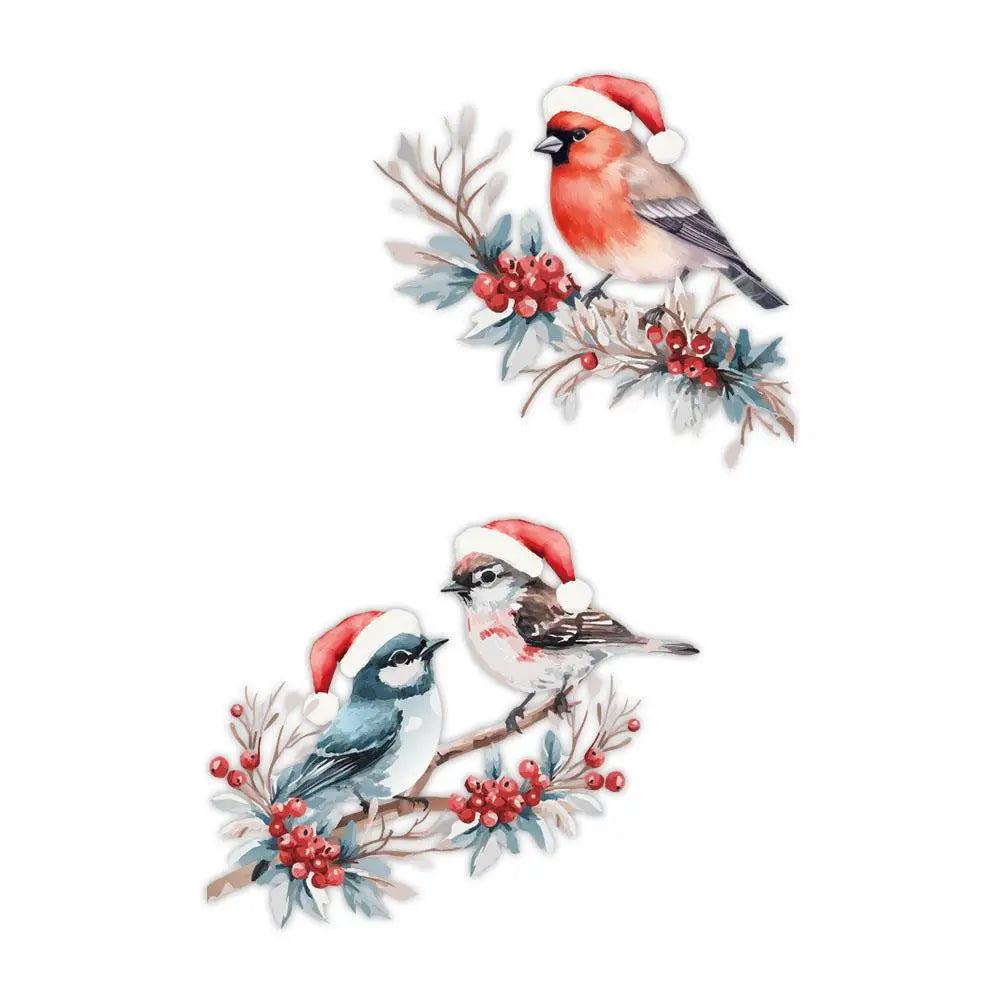 A watercolor illustration of a red bird with a white hat perched on winter foliage and berries.