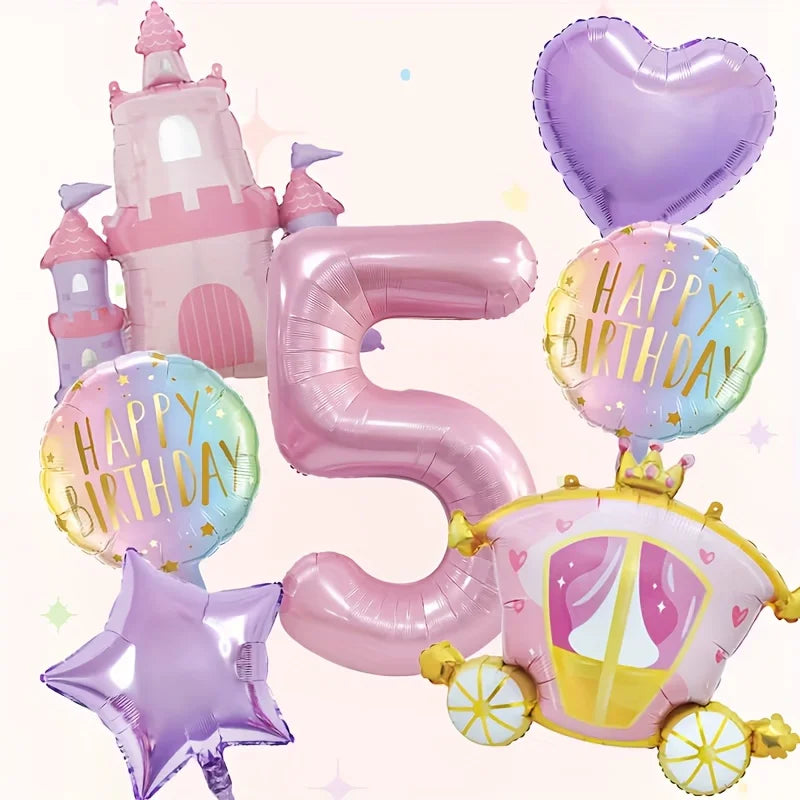A set of seven pink balloons shaped like the number five, a castle, and a birthday heart for a party decoration.