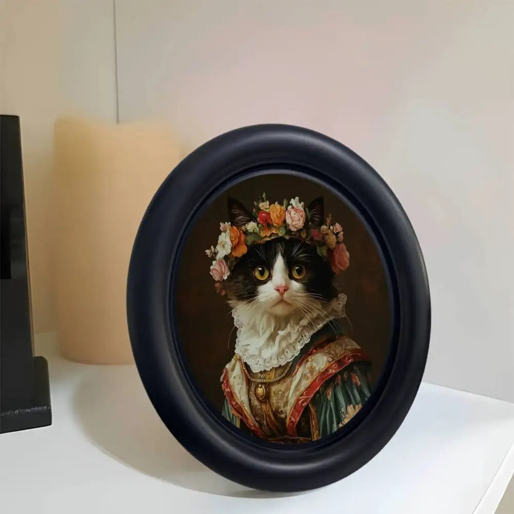 A black wooden photo frame holds a Renaissance portrait of a cat with white fur and floral adornments.