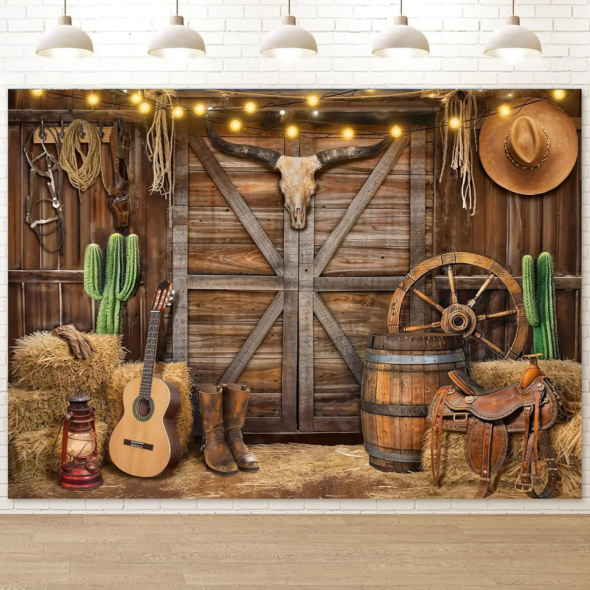 A rustic western backdrop featuring a wooden barn door, a steer skull, a wooden guitar, and various leather and natural eleme