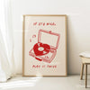 A framed canvas art print featuring a red vinyl record on an open turntable, with the text If it's nice play it twice.