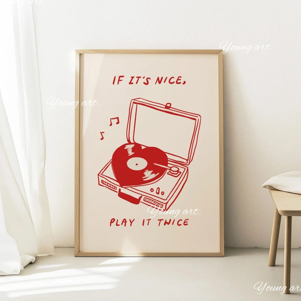A framed canvas art print featuring a red vinyl record on an open turntable, with the text If it's nice play it twice.