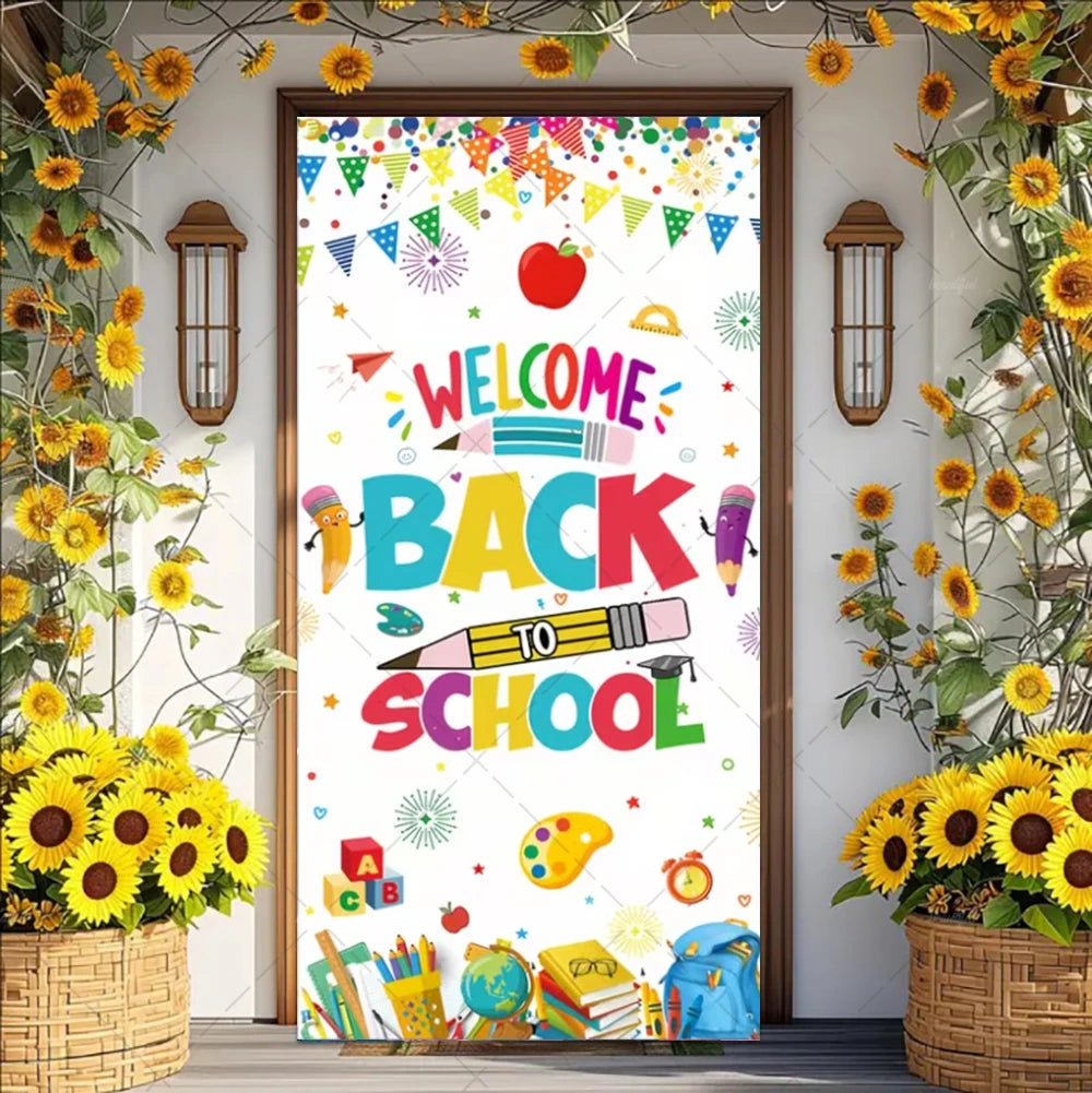 A colorful vinyl backdrop banner featuring the text Welcome Back to School surrounded by autumn leaves and sunflowers.