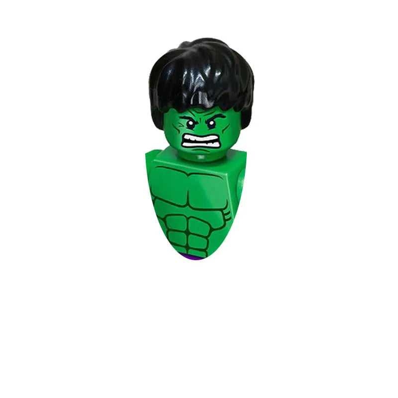 A green, muscular figure with black hair, representing a horror movie icon, made of building blocks.