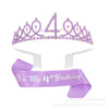 Purple princess birthday tiara crown sash set for girls with a decorative crown and ribbon