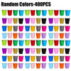 A grid of 400 disposable plastic shot cups in various random colors and sizes.
