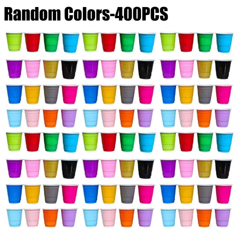 A grid of 400 disposable plastic shot cups in various random colors and sizes.